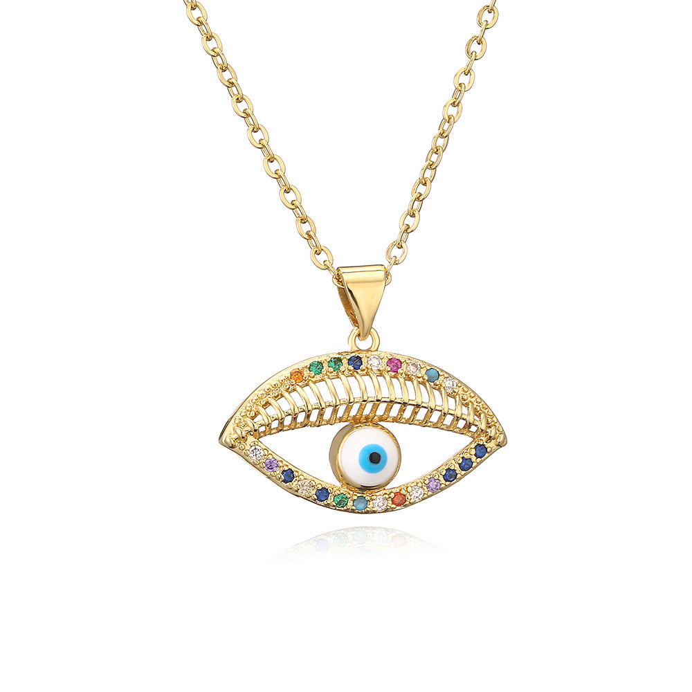 Collana con Ciondolo Occhio di Allah Geometrico Minimalista da Donna con Base in Rame Placcato Oro 18K e Intarsio di Zirconi