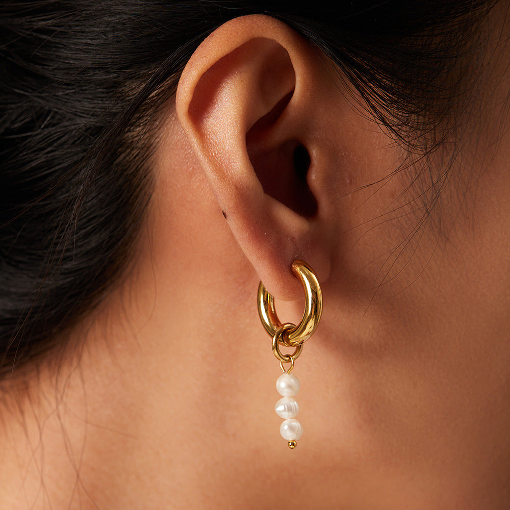 Orecchini a Cerchio Pendenti con Perle d'Acqua Dolce Ovali Asimmetriche in Acciaio Inossidabile con Placcatura in Oro 18K