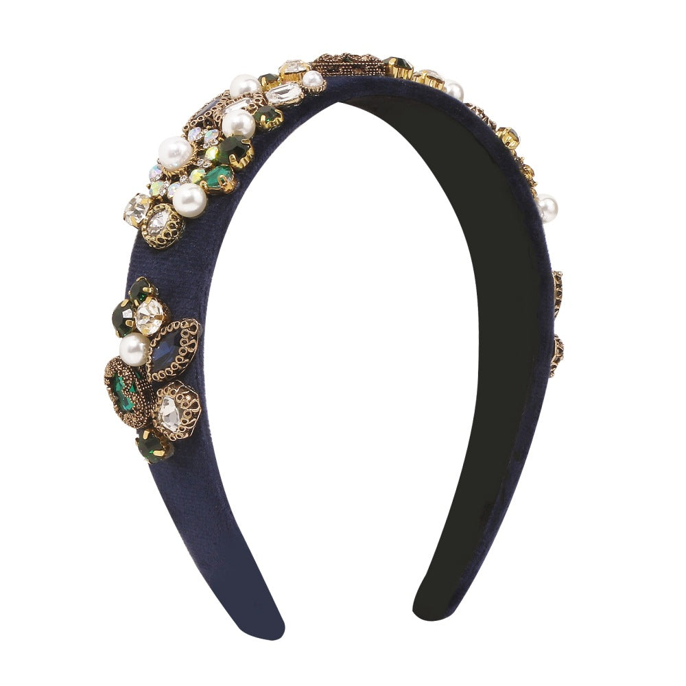 Cerchietto Barocco Geometrico da Donna con Struttura in Lega, Fascia in Velluto, Dettagli in Strass e Perle, Copricapo di Lusso Stile Palazzo