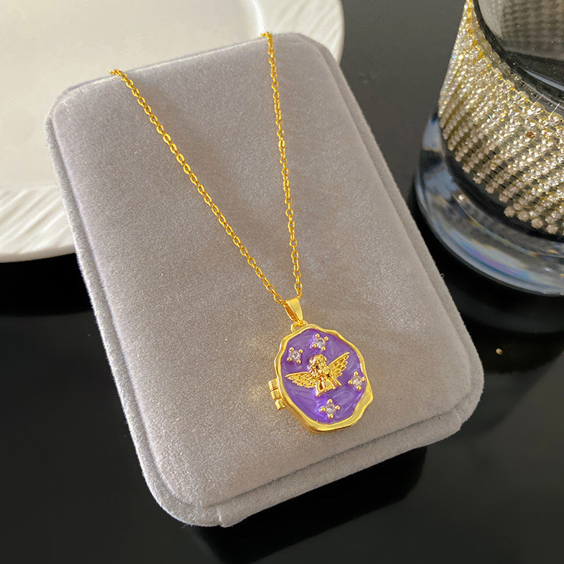 Vintage Enamel Drip Oil Oval Heart Brass Pendant Titanium Steel Necklace Cable Chain