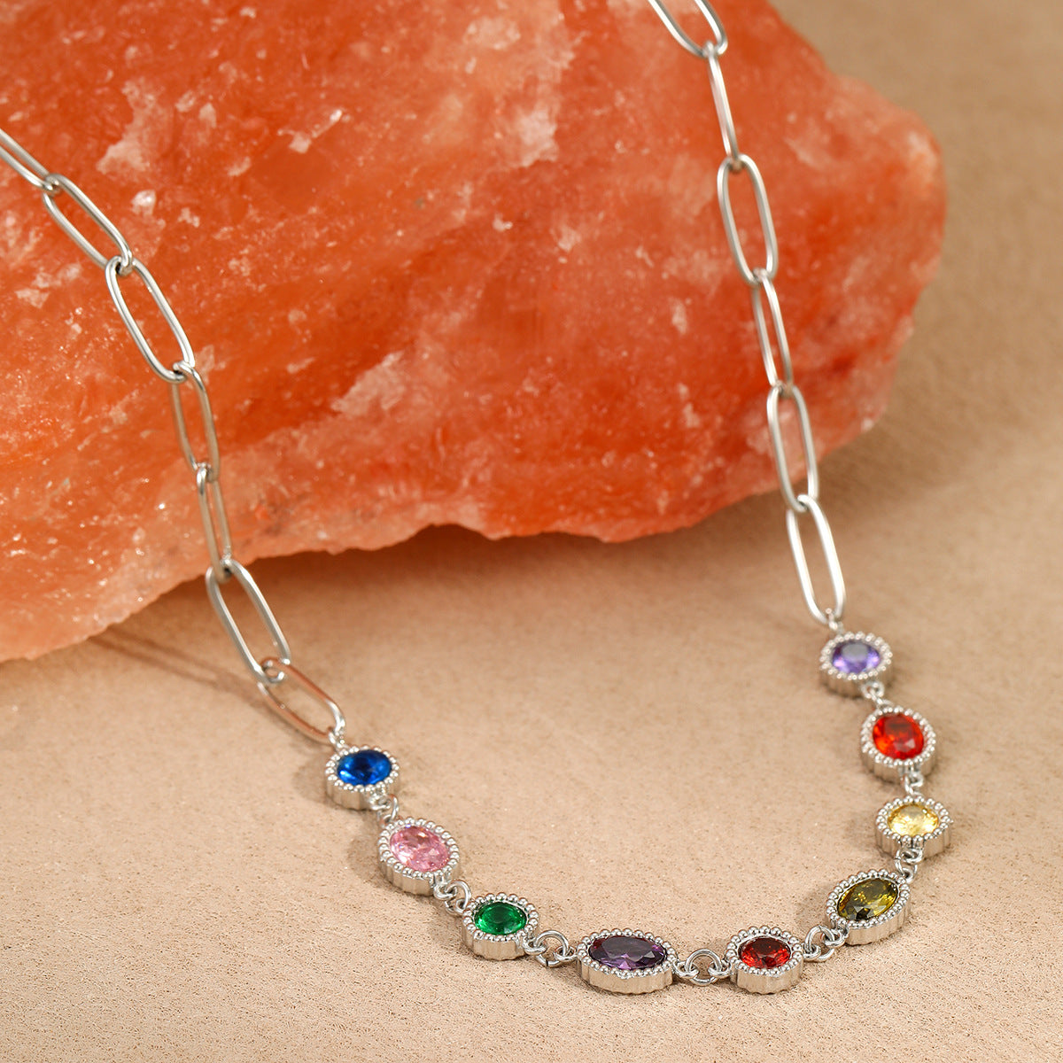 Vintage French-Style Geometric Stainless Steel Necklace with Colorful Zirconia Inlay for Women