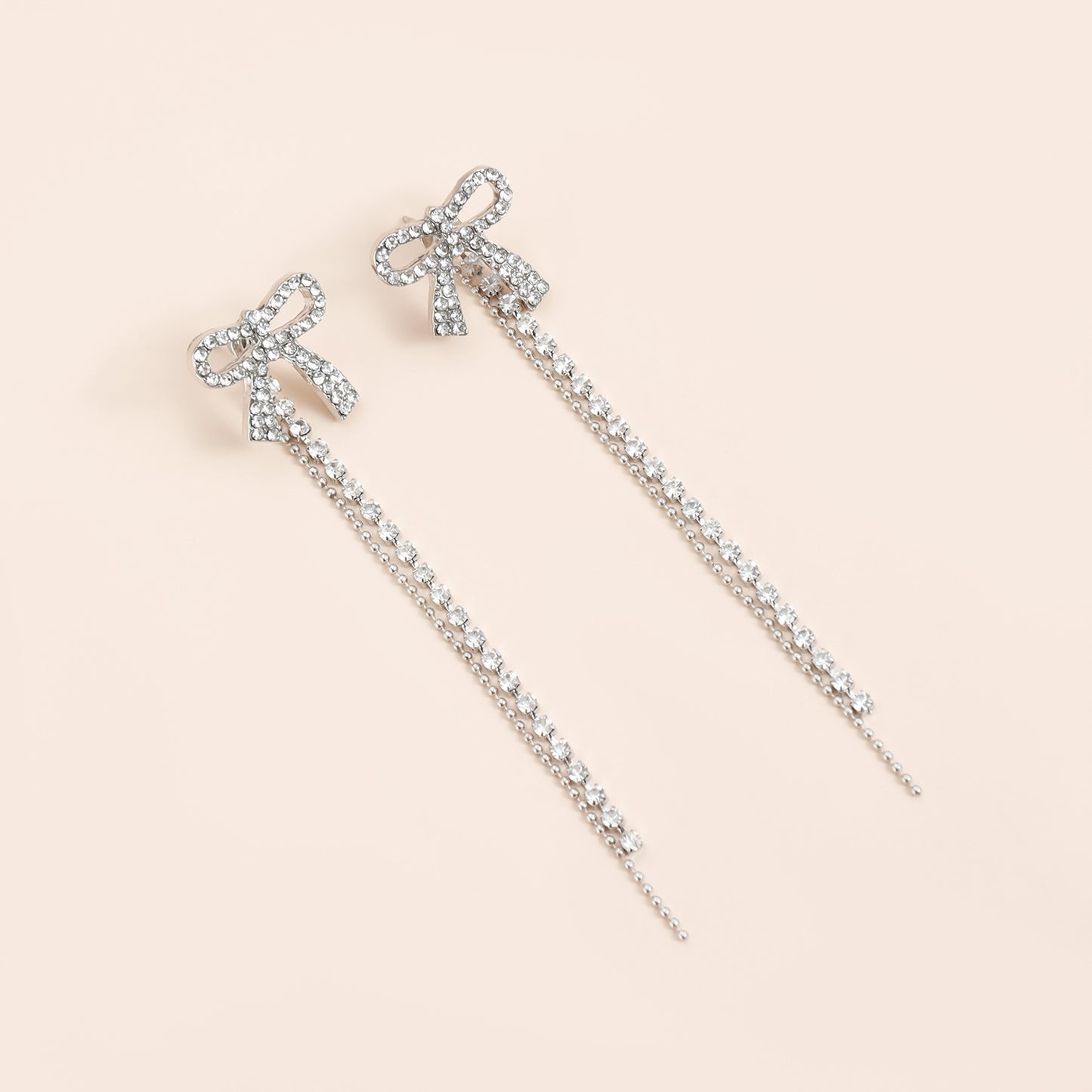Vintage Rhinestone Geometric Bow Knot Drop Earrings with Tassel Chain for Women