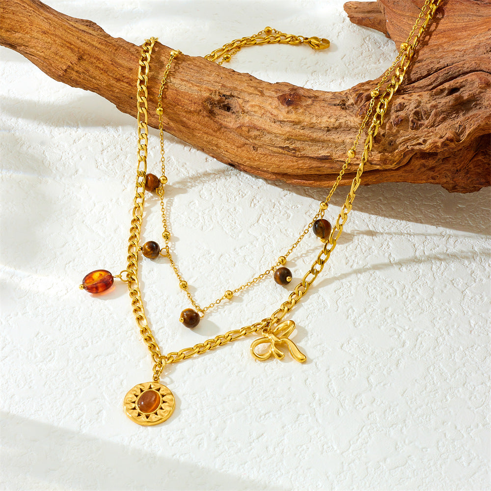 Vintage Round Sun Tiger Eye Stainless Steel Plated Butterfly Pendant Double Layer Serpentine Chain Necklace for Women
