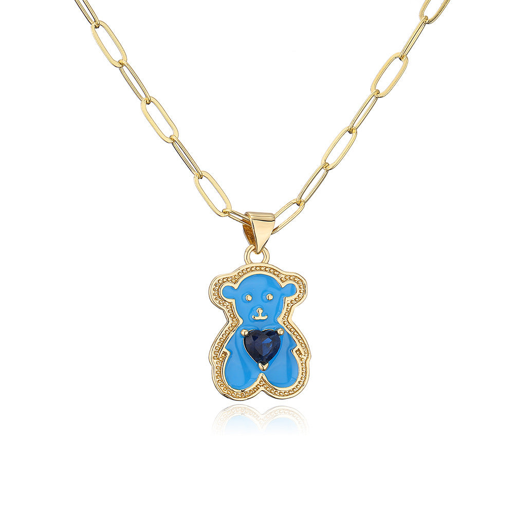 Minimalist Heart-Shaped Bear Pendant Necklace for Women with Copper Base Plated in 18K Gold and Enamel Finish Featuring Cubic Zirconia Accents