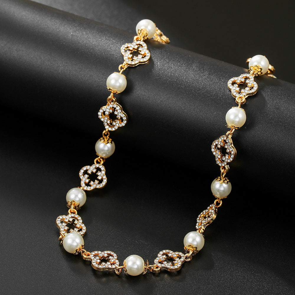 Geometric Hollow Flower Four-Leaf Clover Necklace with Rhinestone and Imitation Pearl for Women