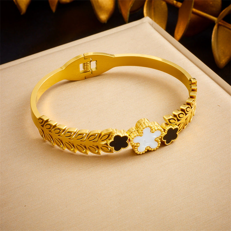 Bracciale vintage minimalista da lavoro placcato in acciaio inossidabile con motivo floreale e spiga di grano
