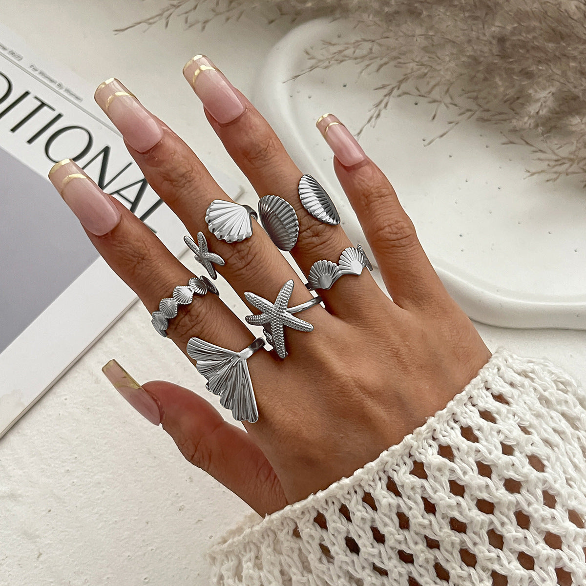 Anello aperto in lega vintage da donna con girasole geometrico e stella, con finitura placcata