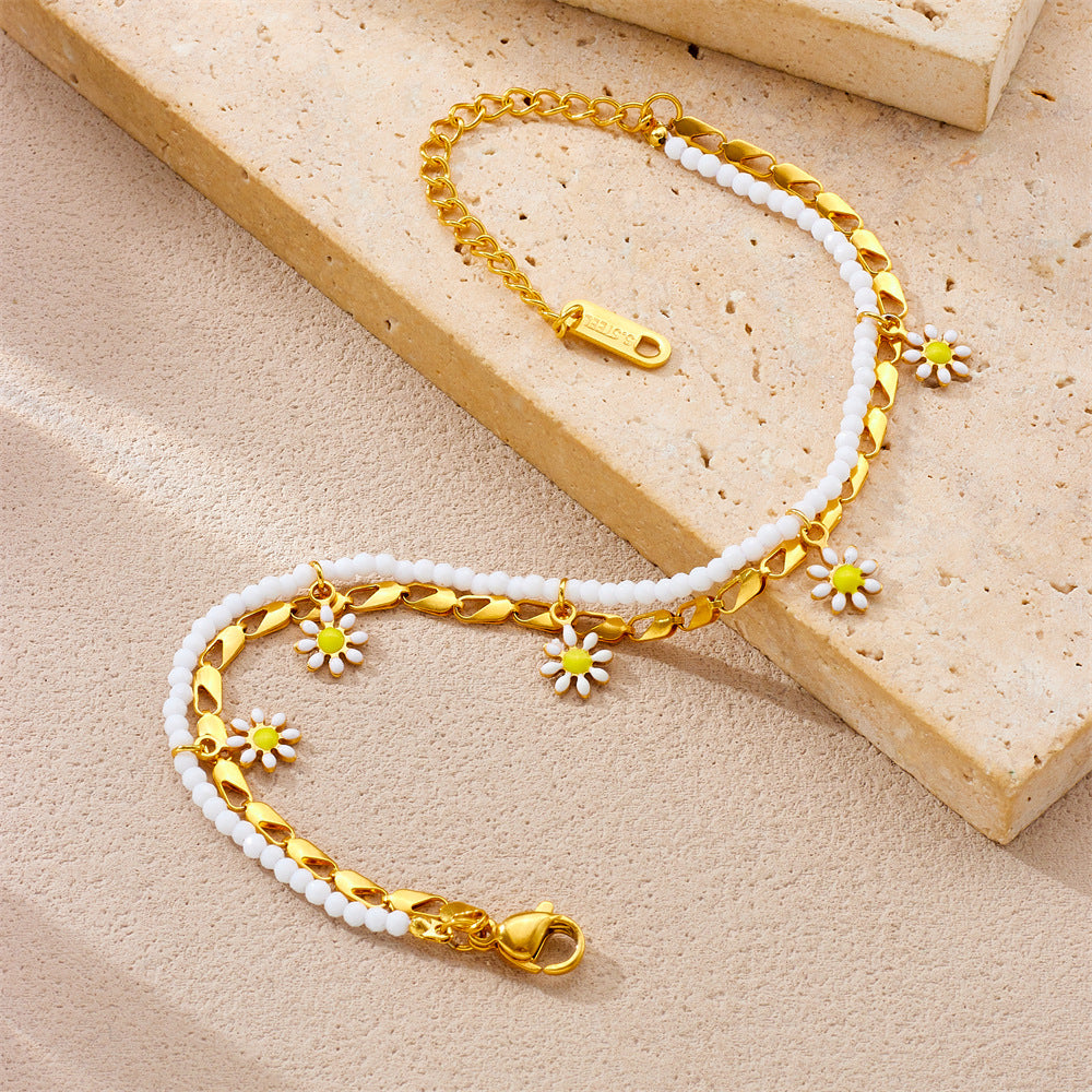 Chic Daisy Floral Stainless Steel Anklet for Women with Enamel Finish and Layered Chain Design