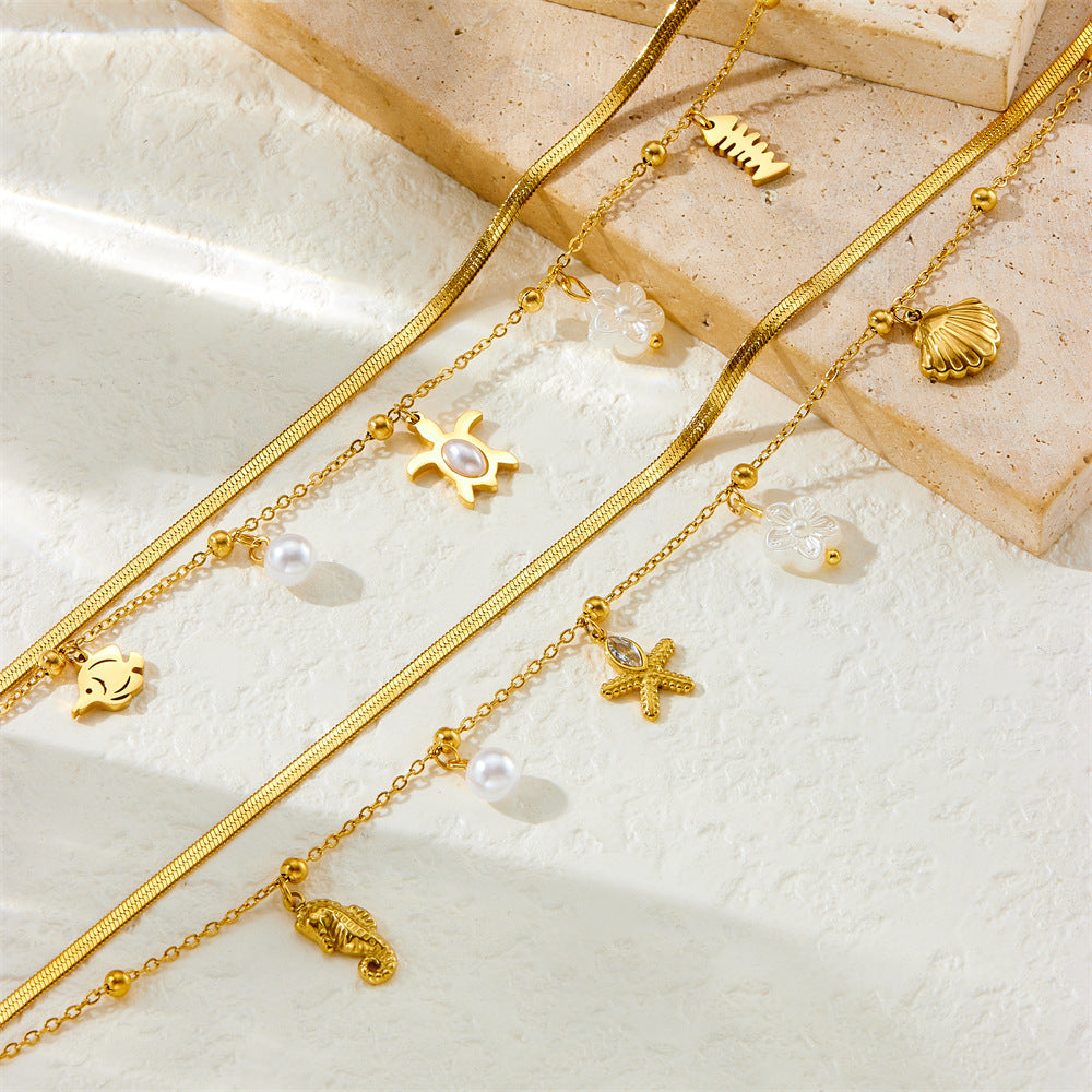 Minimalist Bohemian Gold Plated Stainless Steel Animal Starfish Shell Pendant Anklet for Women