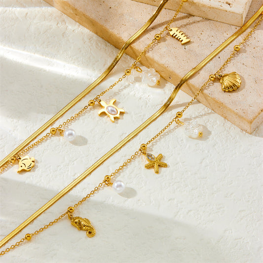Minimalist Bohemian Gold Plated Stainless Steel Animal Starfish Shell Pendant Anklet for Women