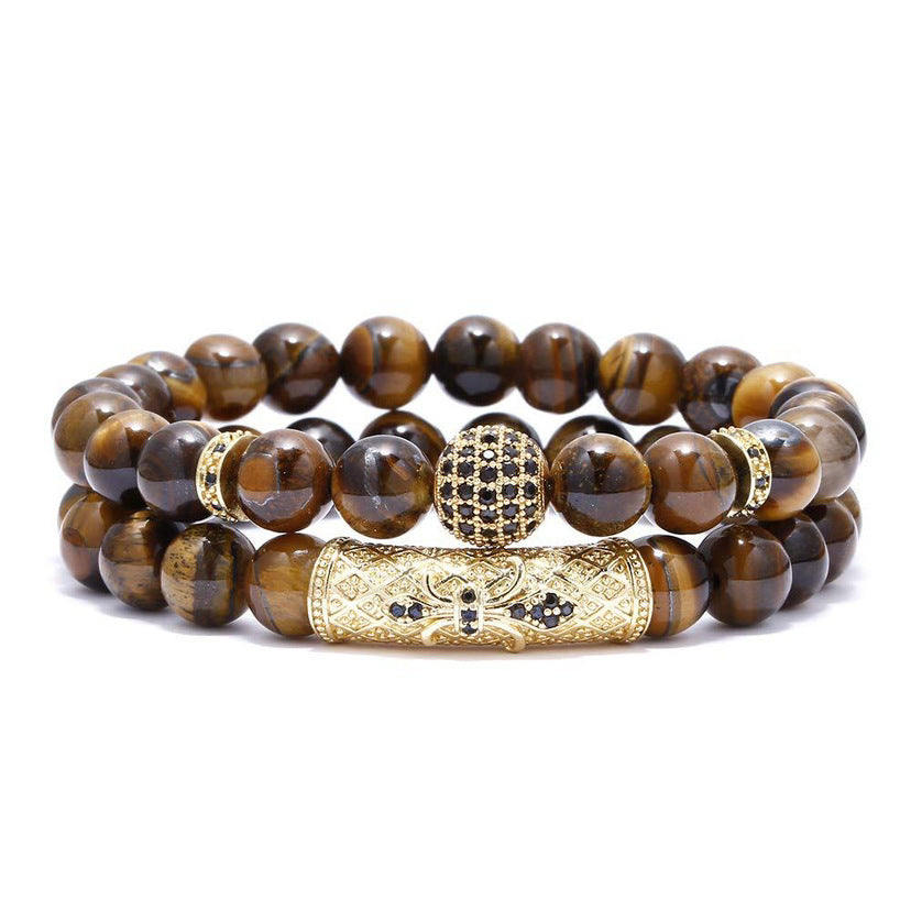 Business Crown Shape Brass Inlay Agate Rhinestone Unisex Bracelet Set
