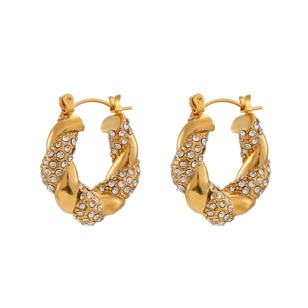 Orecchini a cerchio intrecciati minimalisti di lusso con geometria in acciaio inossidabile placcato oro 18 carati e intarsio in zircone