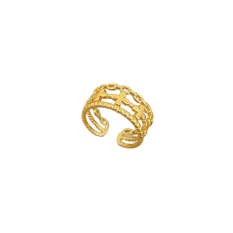 Minimalist Sweet Gold Plated Brass Plant Ring Adjustable Open Band for Couples