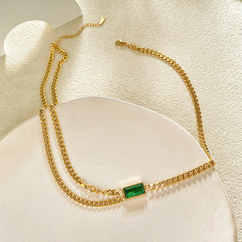 Green Cubic Zirconia Geometric Titanium Steel Plated Layered Necklace Set