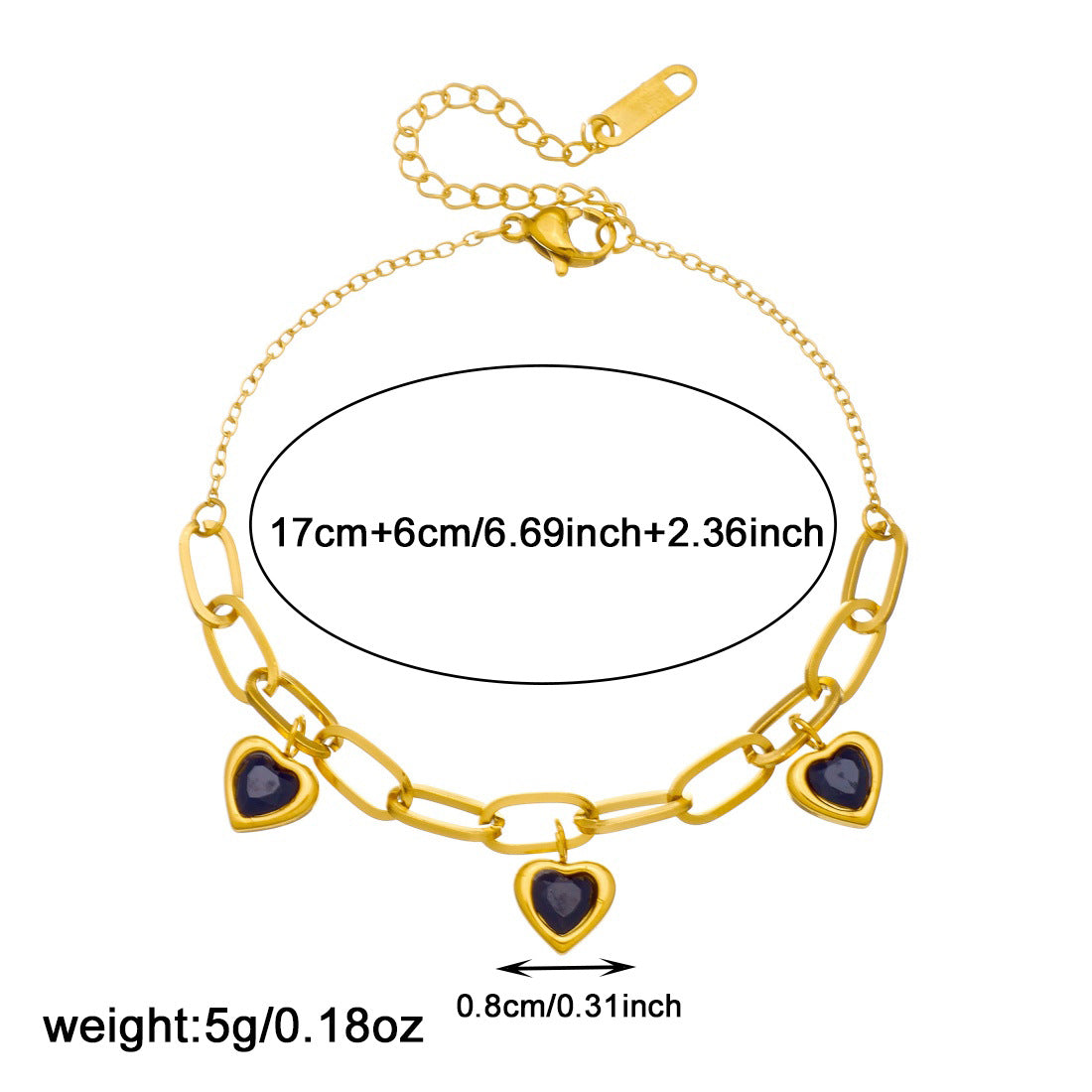 Minimalist Gold Plated Stainless Steel Heart Rhinestone Asymmetric Chain Bracelet for Women