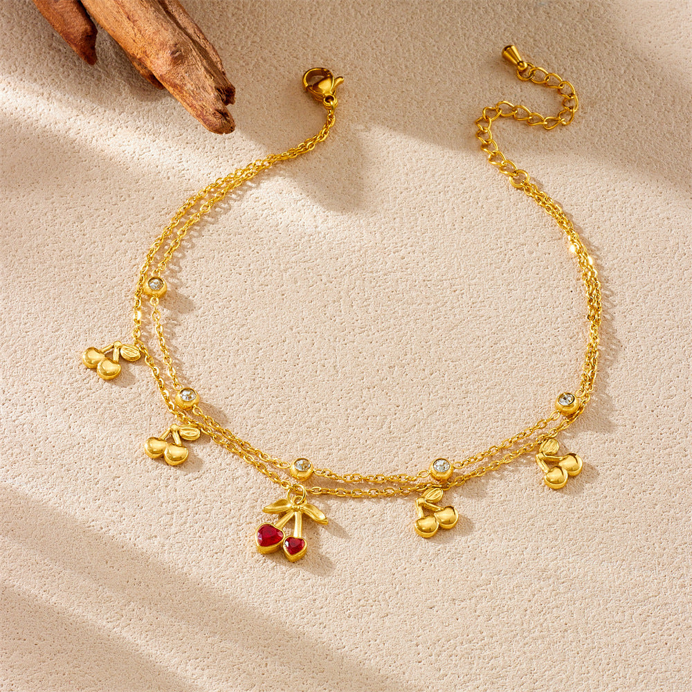 Sweet Heart Rhinestone Cherry Gold Plated Stainless Steel Double Layer Anklet for Women