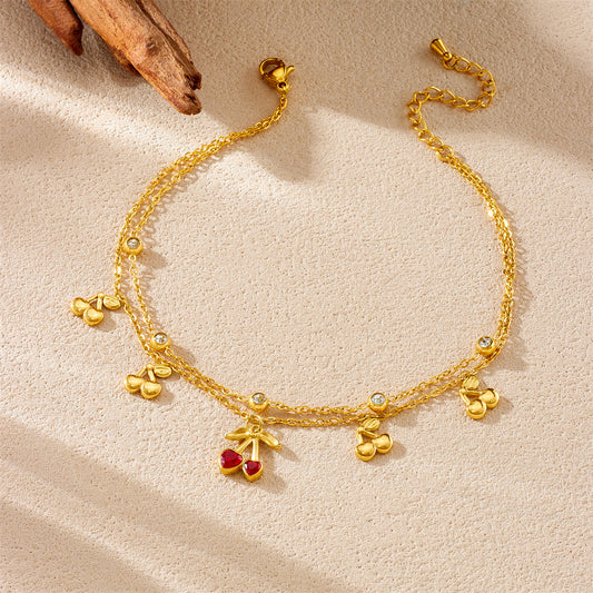 Sweet Heart Rhinestone Cherry Gold Plated Stainless Steel Double Layer Anklet for Women
