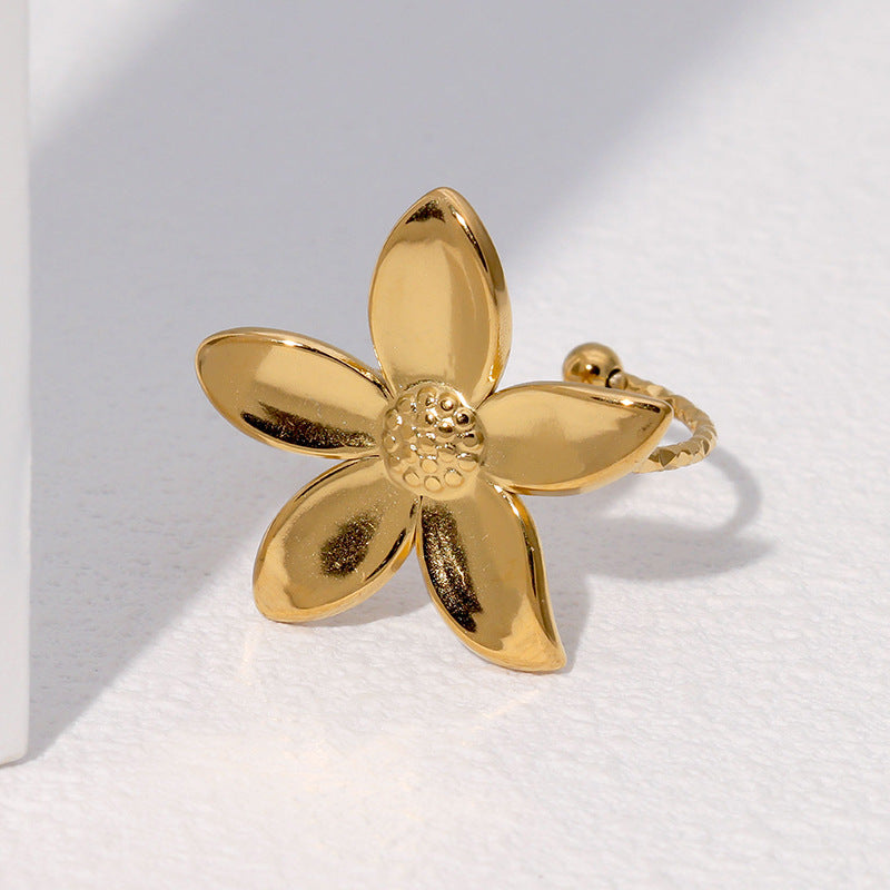 Minimalist Floral Stainless Steel Adjustable Ring with Gold Plating for Women
