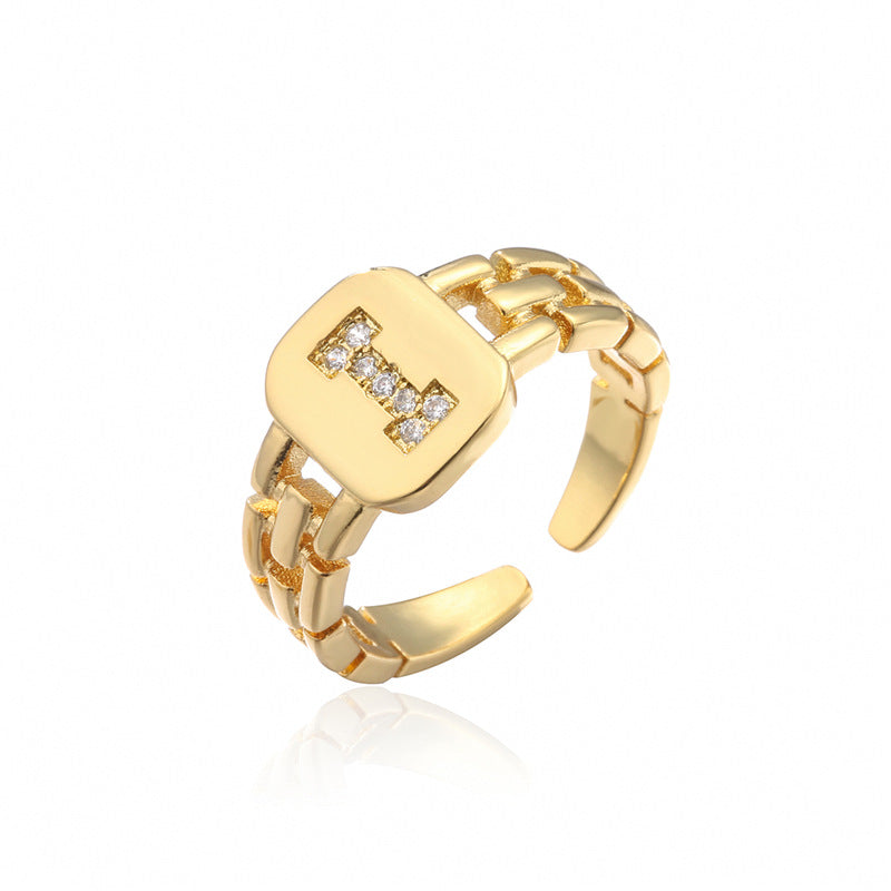 Minimalist Letter Shape Copper Ring with Micro-Pavé Setting Adjustable Geometric Band