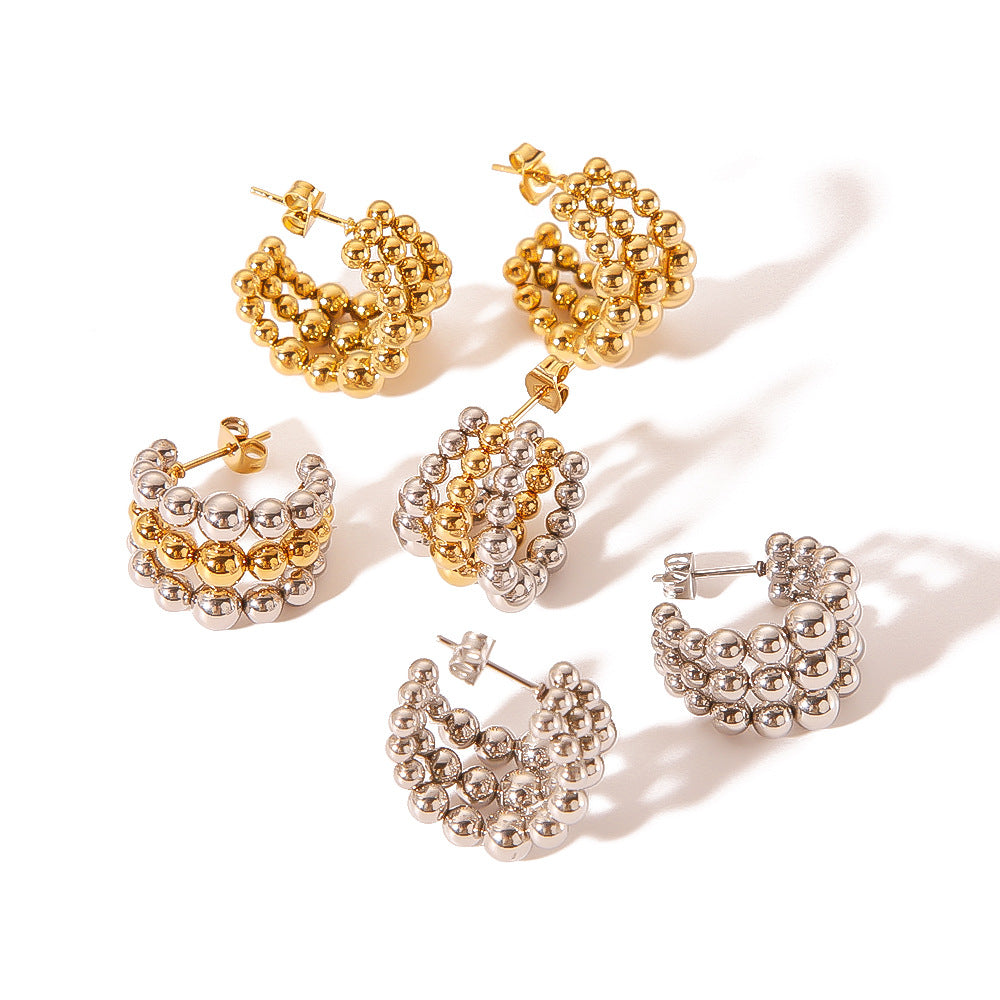 Minimalist Geometric Stainless Steel Earrings with 18K Gold Plating, Triple Beaded C-Shaped Hoops for Women