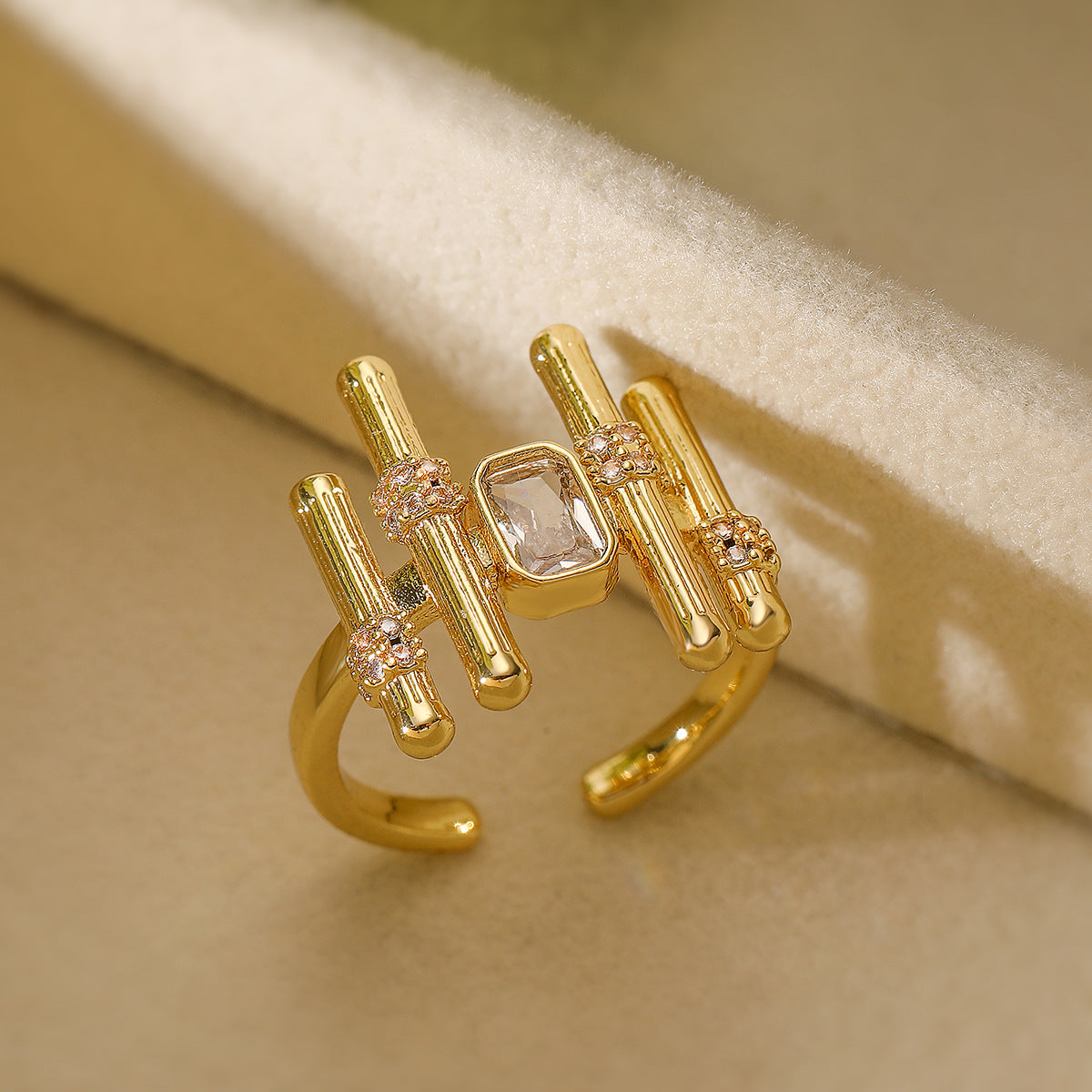 Minimalist Irregular Geometric Copper Ring with 18K Gold Plating and Zircon for Women