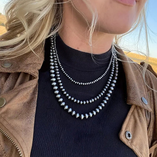 Vintage Western Geometric Brushed Stainless Steel Beaded Necklace with Imitation Pearl and Black Flash Beads