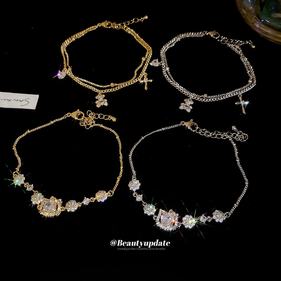Light Luxury 18K Gold Plated Cubic Zirconia Cat Bear Animal Bracelet for Women