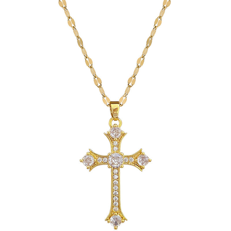 Collana Pendente a Croce Minimalista in Acciaio Inossidabile con Intarsio di Zirconi per Donna e Uomo, Delicata Catena a Clavicole