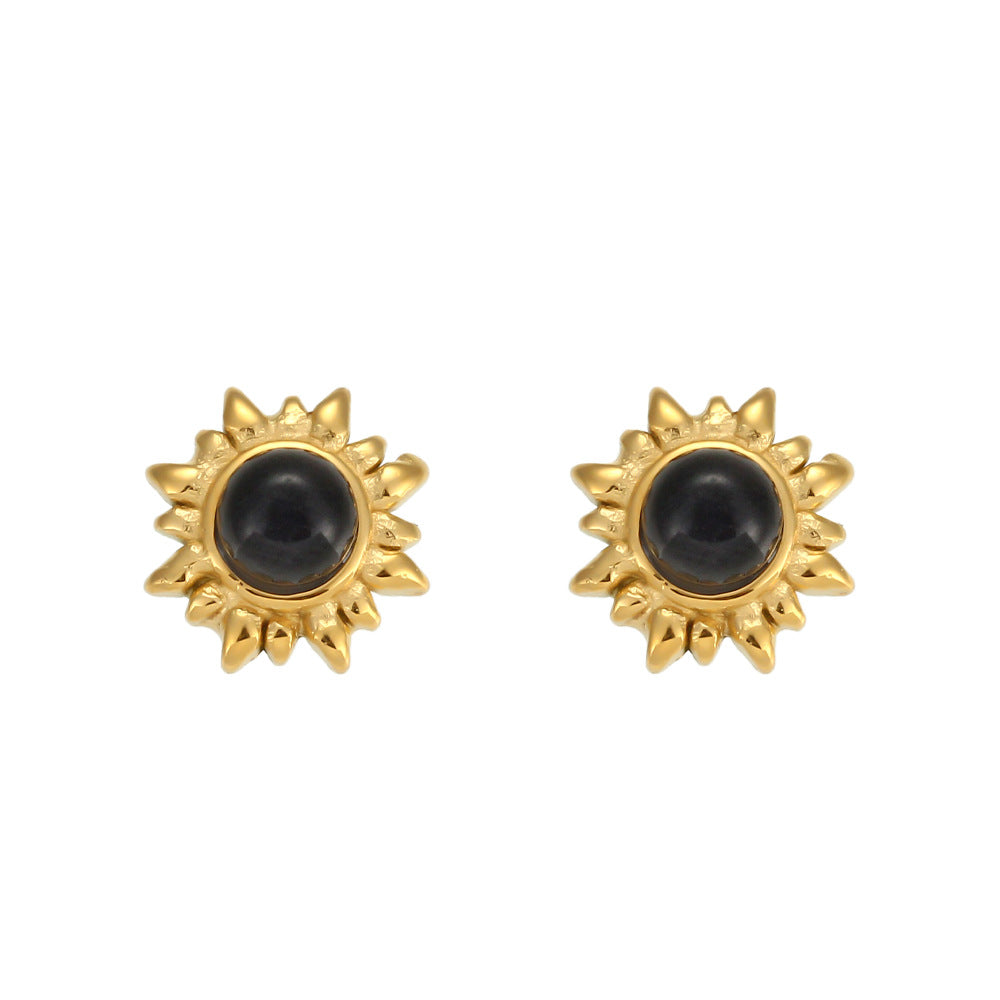 Vintage-Inspired Geometric Stainless Steel Earrings with 18K Gold Plating and Natural Sunstone Cat's Eye Accents for Women