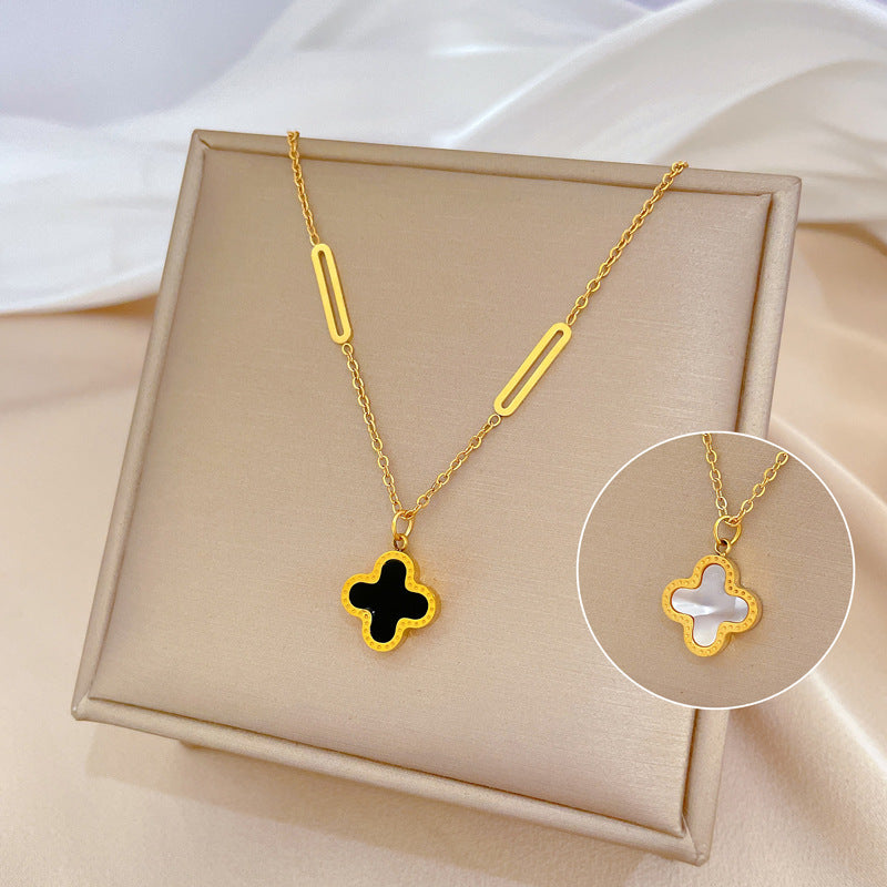 Minimalist Clover Flower Pendant Necklace in Titanium Steel with Gold Plating for Women