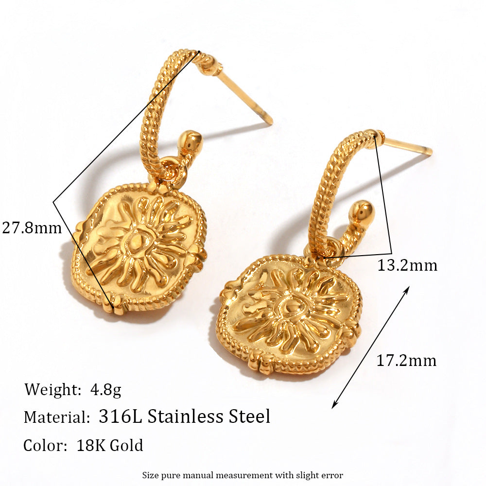 Minimalist Retro Geometric Stainless Steel Earrings with 18K Gold Plating and Sun Texture for Women
