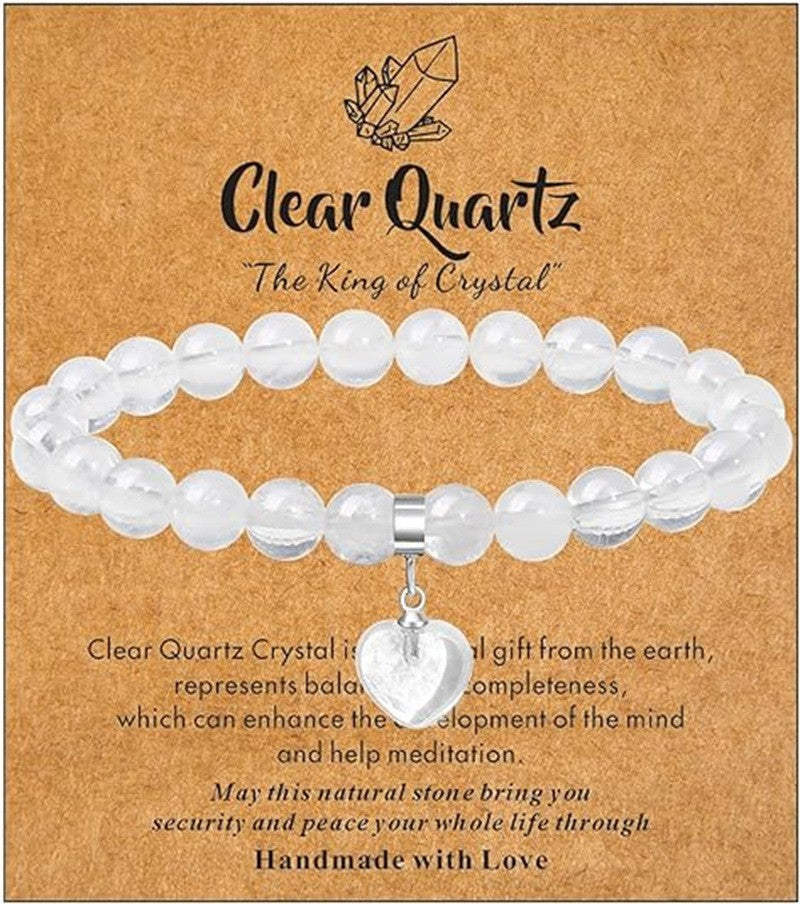 Minimalist Natural Stone Beaded Bracelet with Heart Pendant Unisex Elastic Stretch Bangle