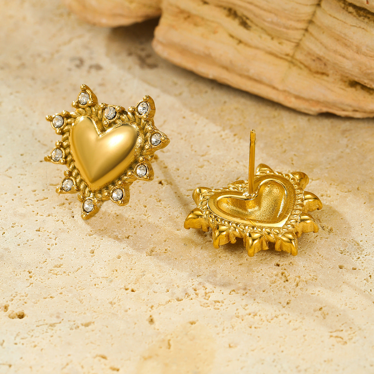 Orecchini da donna in acciaio inossidabile placcato oro 18 carati con strass a forma di cuore, stile vintage