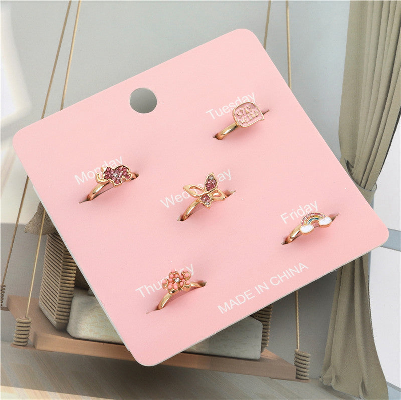 Anello a cartone animato con farfalla floreale per bambini in lega regolabile con finitura smaltata, stile principessa, anello regolabile per dito carino