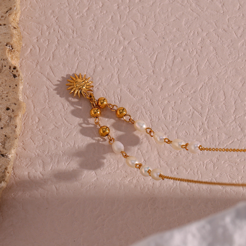 Minimalist Sun-Shaped Pendant Necklace in Stainless Steel with Gold-Plated Titanium Steel Charm and Freshwater Pearl Accents on Standard Chain