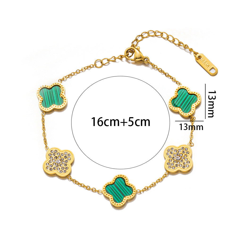 Fashion 18K Rose Gold Plated Titanium Steel Four-Leaf Clover Rhinestone Bracelet for Women