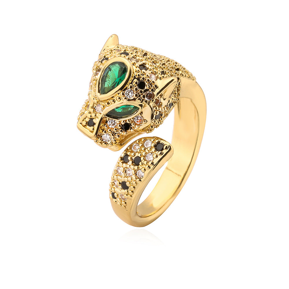 Anello aperto geometrico alla moda da donna con base in rame placcato in oro 18 carati e design a leopardo con zirconi micro-incastonati