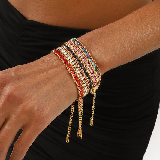 Pulsera de acero inoxidable geométrica de lujo minimalista con incrustaciones de circonitas de colores para mujer