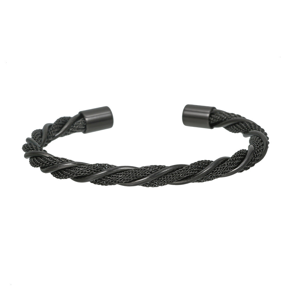 Adjustable Open-End Round Geometric Titanium Steel Stainless Steel Bracelet with Wire Winding Design