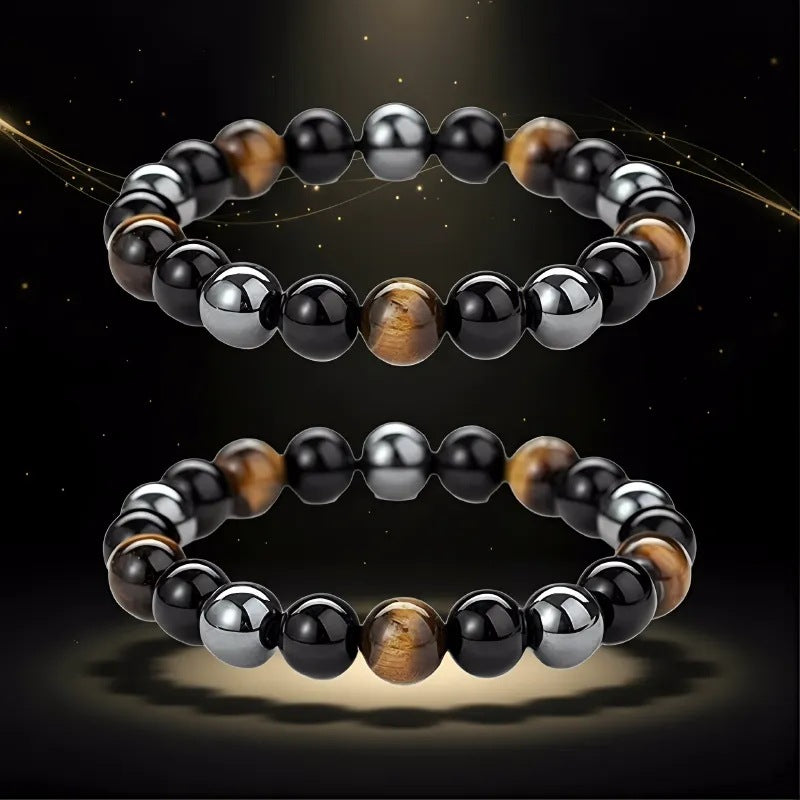Vintage Geometric Tiger's Eye and Hematite Hand-beaded Bracelet for Men and Women