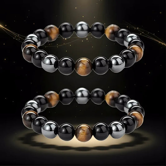 Vintage Geometric Tiger's Eye and Hematite Hand-beaded Bracelet for Men and Women