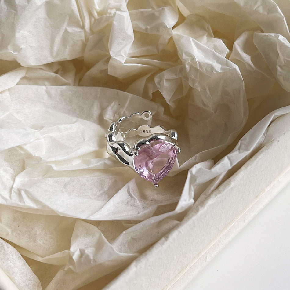 Minimalist Heart-Shaped 925 Sterling Silver Ring with Pink Cubic Zirconia Inlay for Women