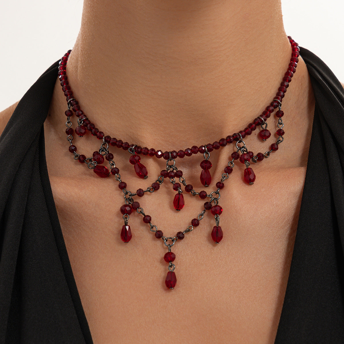 Gothic Red Crystal Teardrop Pendant Drip Oil Tassel Necklace for Women