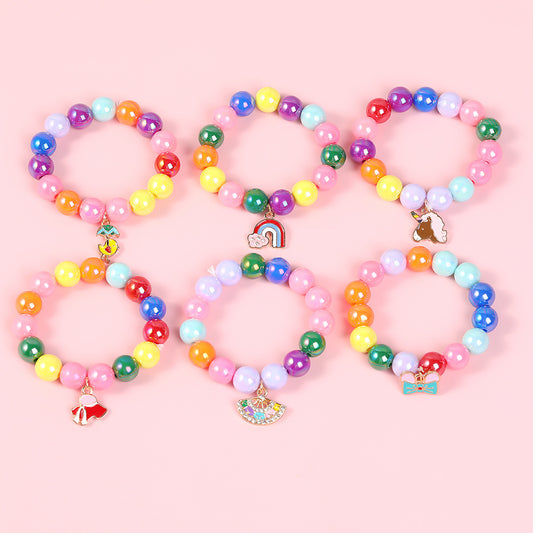 Cartoon Style Geometric Beaded Bracelet for Girls with Enamel Pendant in Alloy Material for Ages 3 to 10+