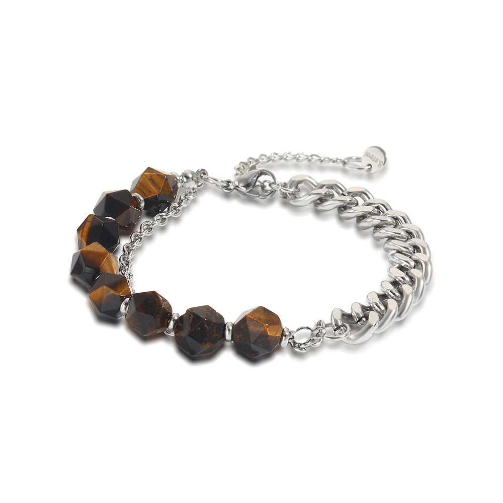 Geometric Double-Layer Faceted Tiger's Eye Stainless Steel Cuban Link Chain Bracelet for Men and Women
