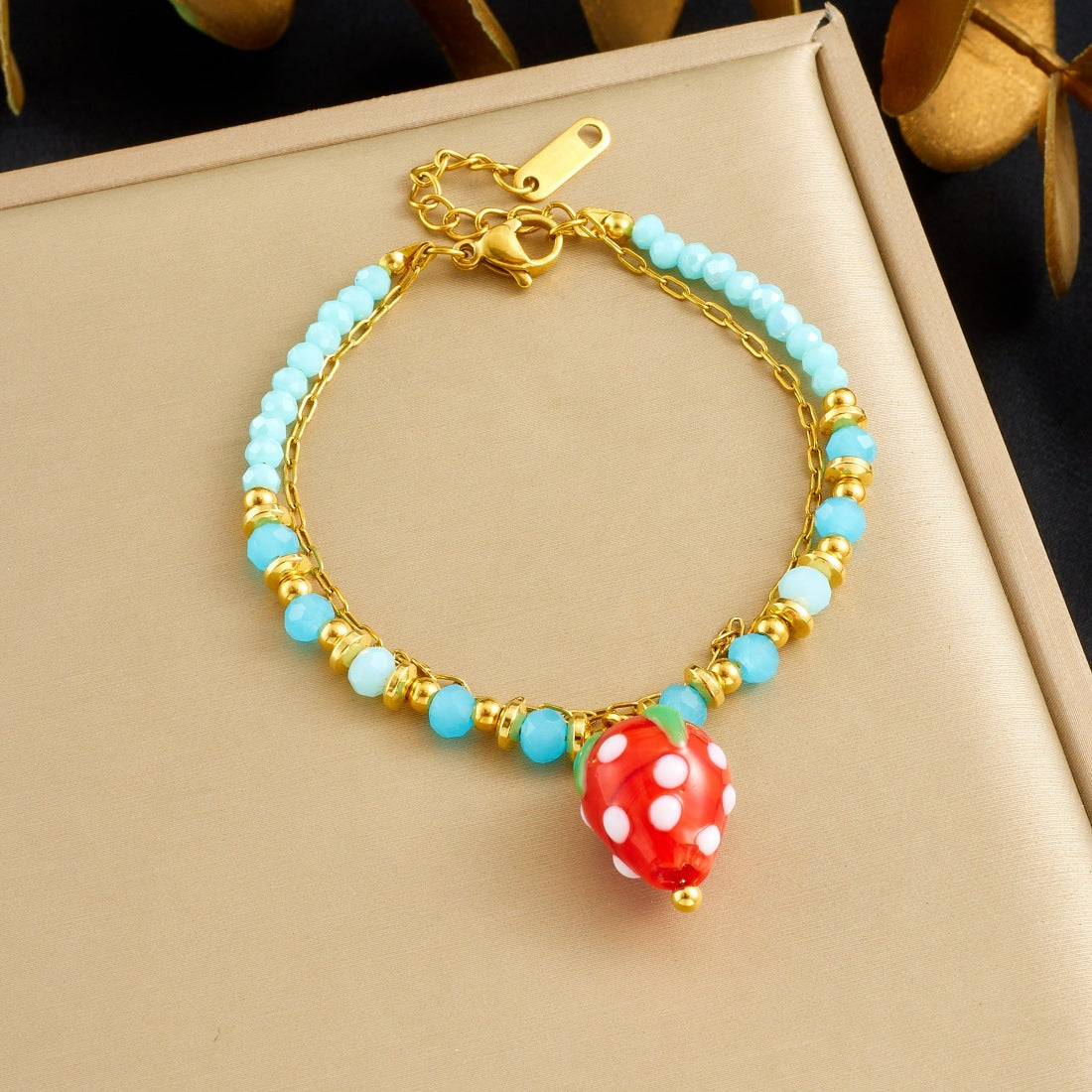 Sweet Bohemian Rainbow Plated Stainless Steel Beaded Bracelet with Strawberry and Ladybug Charms