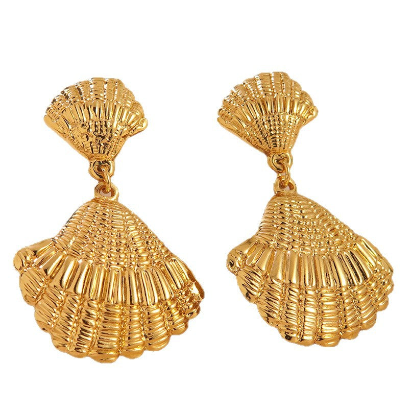 Orecchini da donna geometrici in acciaio inossidabile placcati oro con conchiglia, stile lusso minimalista