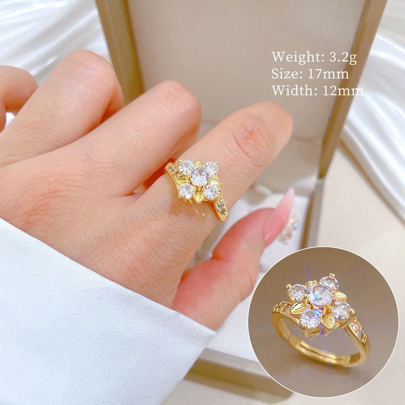 Sweet Gold Plated Floral Cubic Zirconia Adjustable Ring for Women and Men