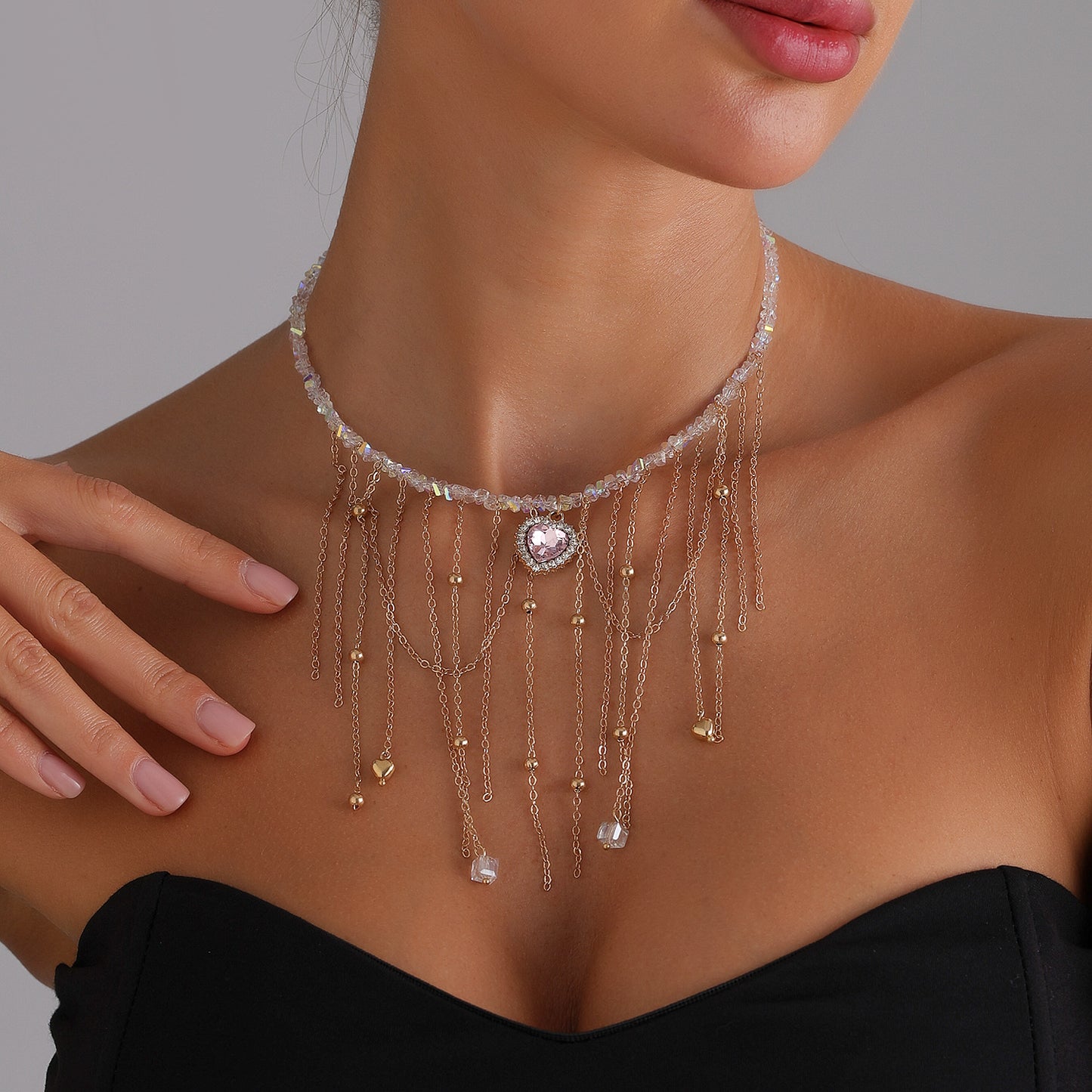 Romantic Pink Heart-Shaped Alloy Pendant Necklace with Tassel Accents and Electroplated Finish for Women