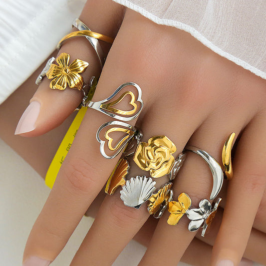 Edgy Sweet Style Stainless Steel Open Ring with Cross and Heart Motif Plated Finish